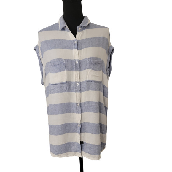 Rails Striped Button Collar Cap Sleeve Beachy Coastal Nautical Fisherman Blue - Picture 1 of 14